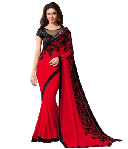 Ieftin Sarees-Black And Red Georgette Sari 9