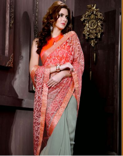 proiectant Red-Beige Net And Brasso Embroidery Bridal Saree 9