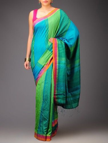Kézzel szőtt Saris-Green Hues Handwoven Silk Saree 3